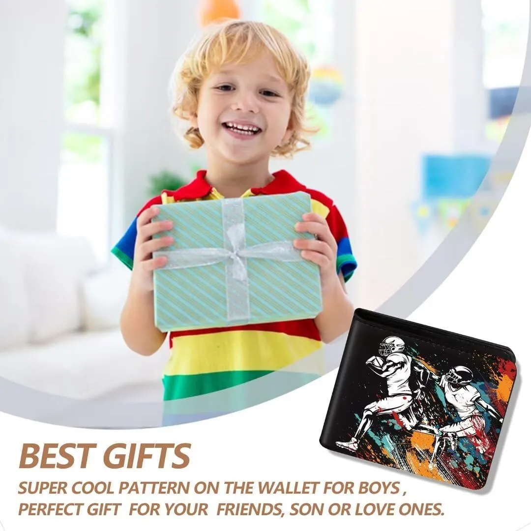 Teen Boys Wallet, Cool Football Wallets for Kids Son 9-12/8-10/8-12 with Wallet Card, Funny Leather Bifold Rfid Blocking Wallet, Purse Coin Pocket Id Window for Men Boy Male Youth Guys Gifts
