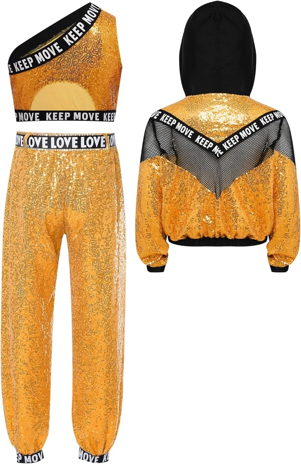 TiaoBug 3Pcs Girls Jazz Dance Outfits Sequin Zip Up Hooded Jacket Cropped Vest with Harem Pants Set