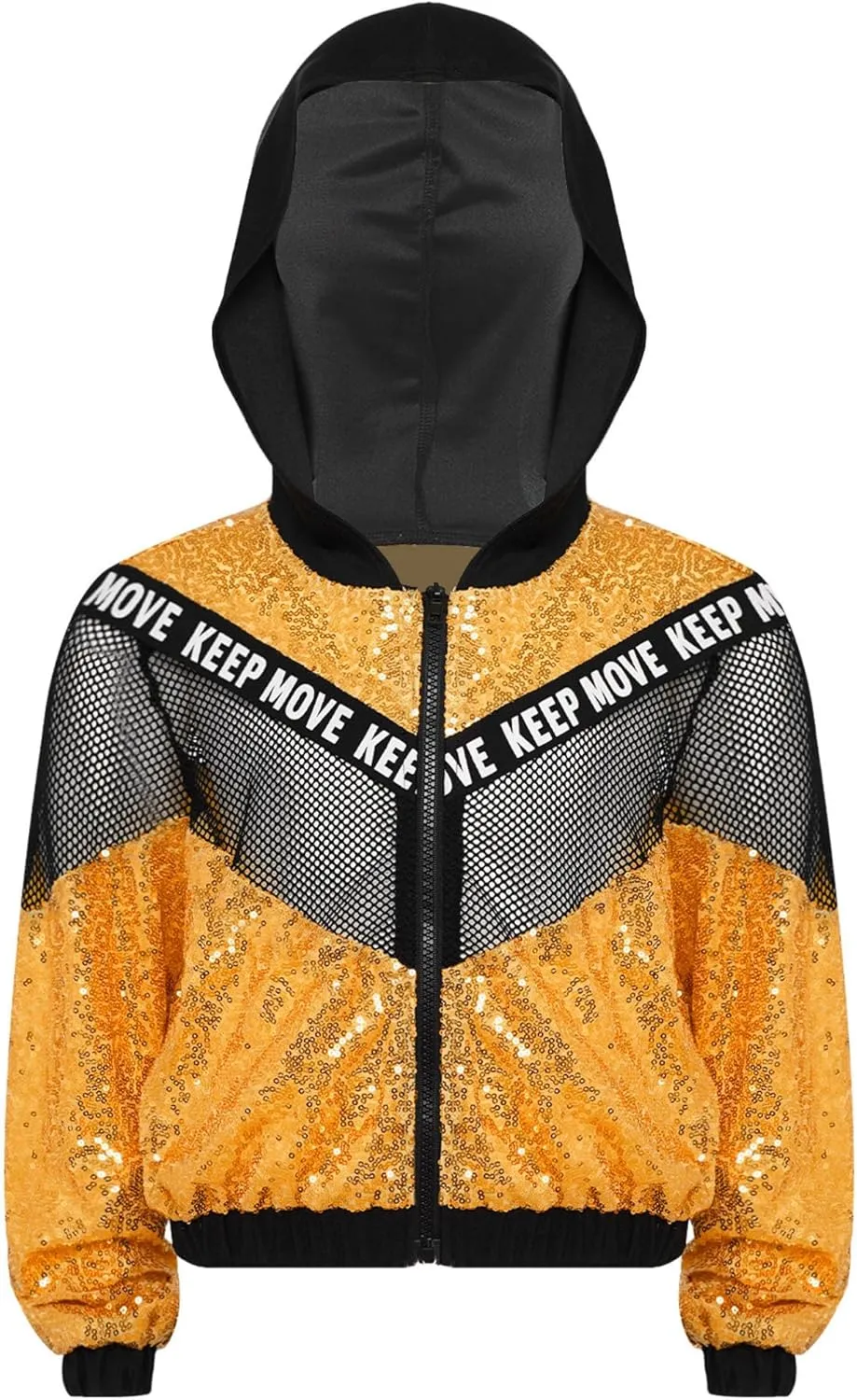 TiaoBug 3Pcs Girls Jazz Dance Outfits Sequin Zip Up Hooded Jacket Cropped Vest with Harem Pants Set