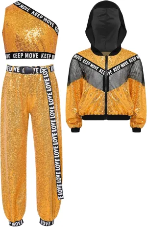 TiaoBug 3Pcs Girls Jazz Dance Outfits Sequin Zip Up Hooded Jacket Cropped Vest with Harem Pants Set