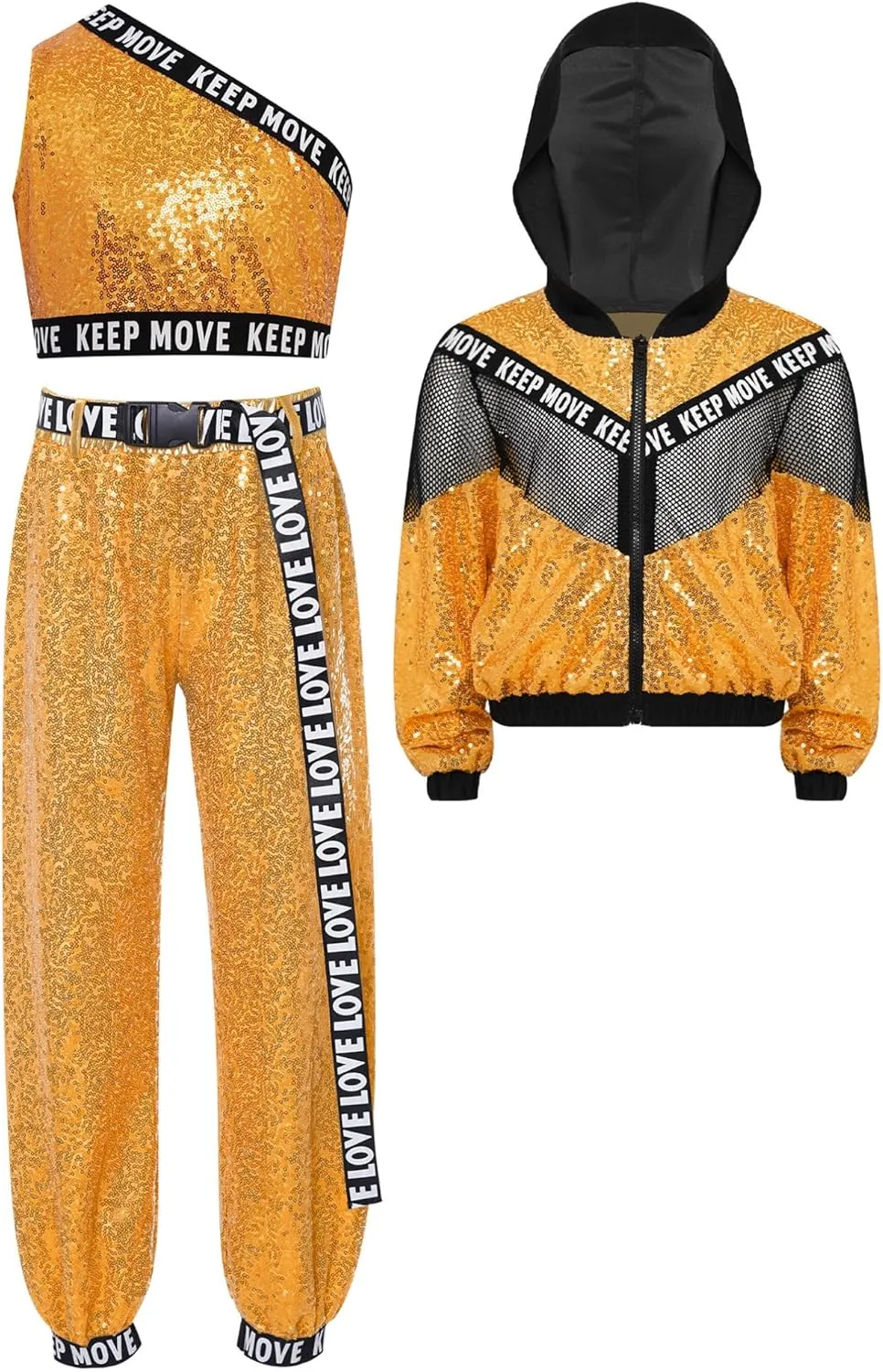 TiaoBug 3Pcs Girls Jazz Dance Outfits Sequin Zip Up Hooded Jacket Cropped Vest with Harem Pants Set