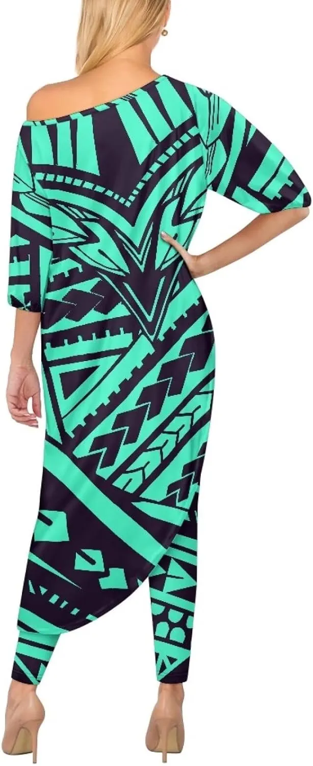 Traditional Polynesia Samoa Women's Off The Shoulder Maxi Top Casual Irregular Hem T Shirt Stretchy Pant Sets