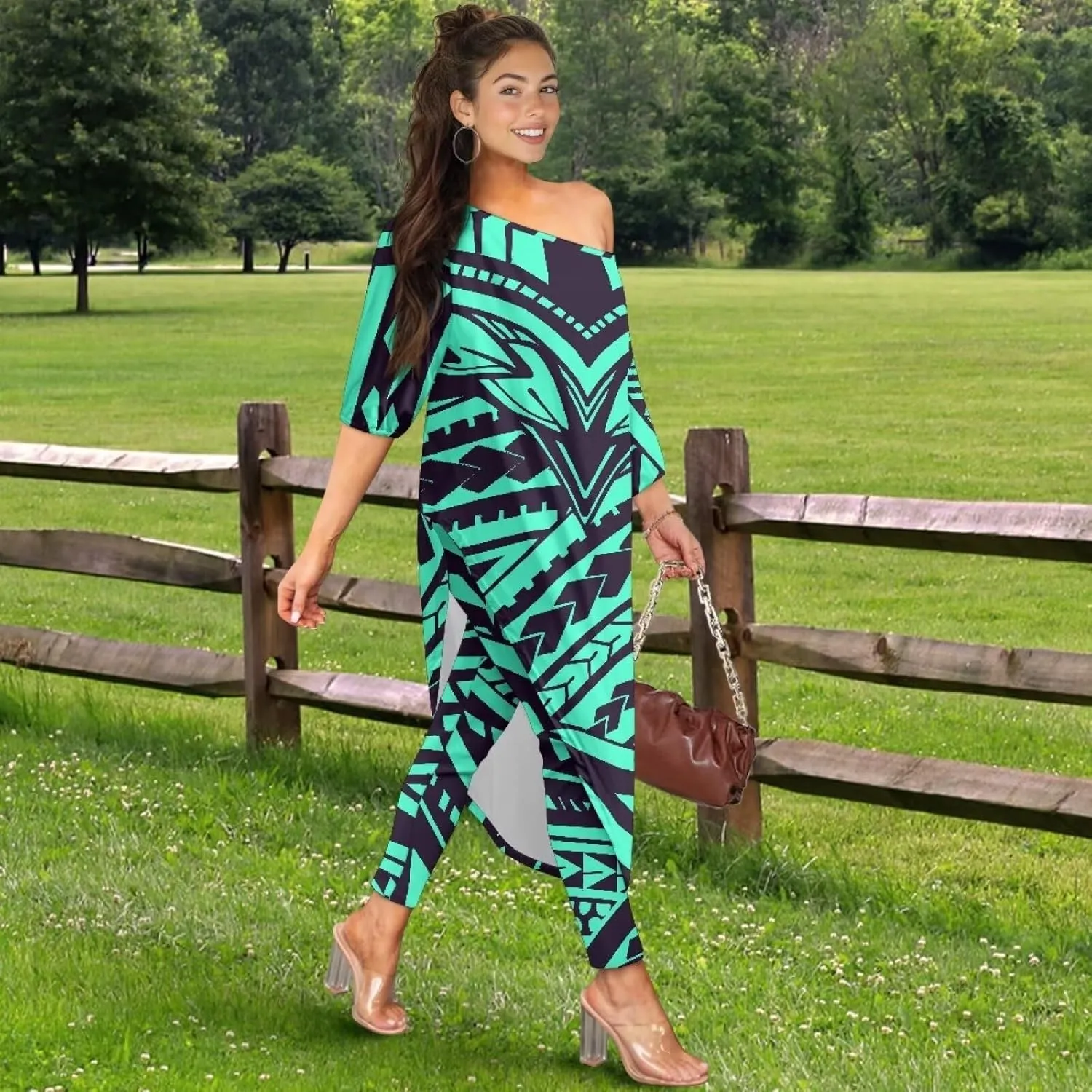 Traditional Polynesia Samoa Women's Off The Shoulder Maxi Top Casual Irregular Hem T Shirt Stretchy Pant Sets