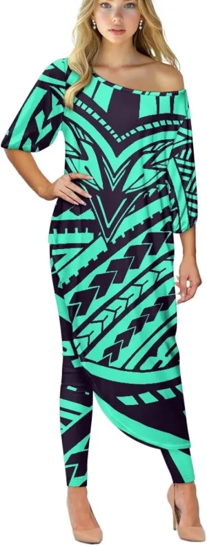 Traditional Polynesia Samoa Women's Off The Shoulder Maxi Top Casual Irregular Hem T Shirt Stretchy Pant Sets