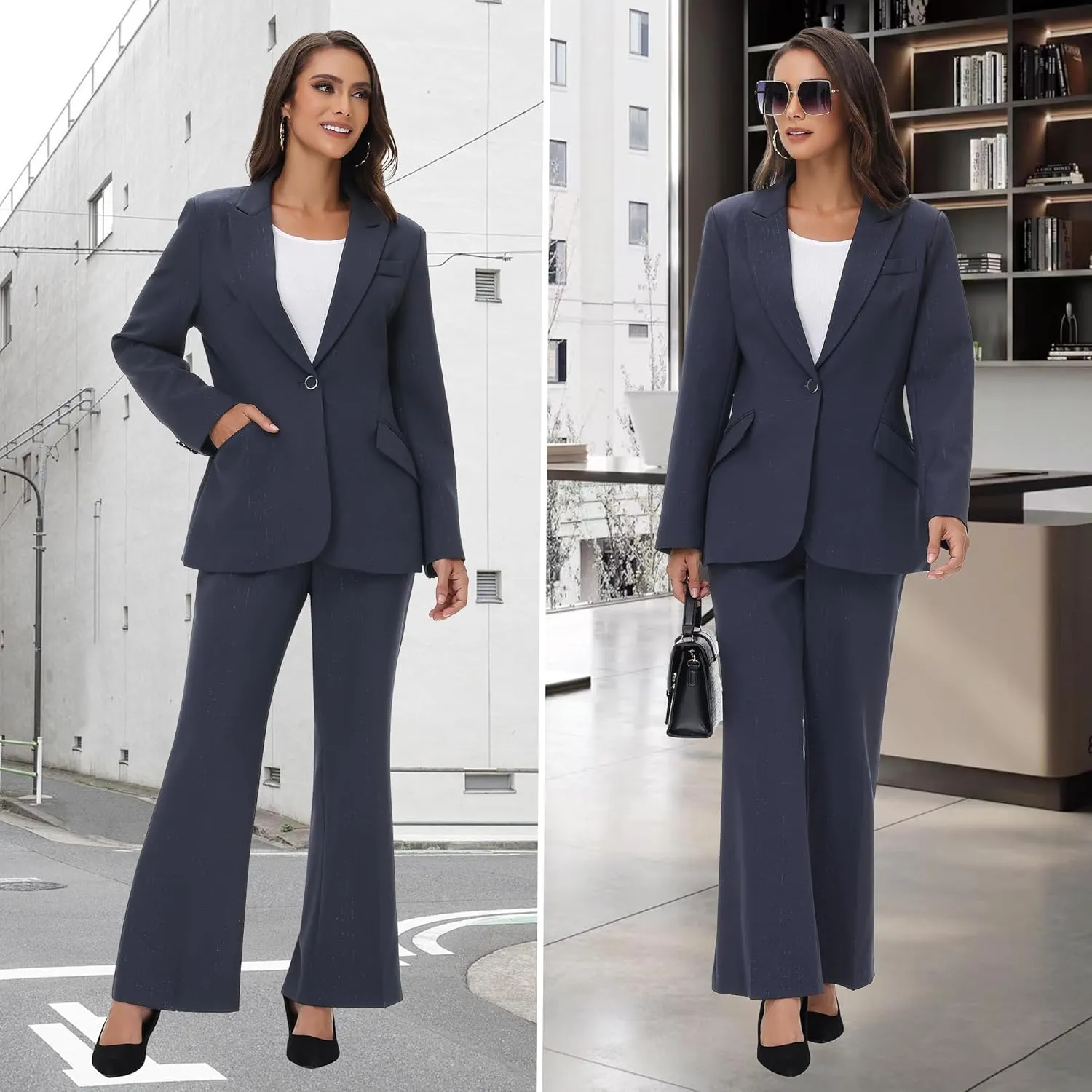 TRONSTORE Women's Suit 2 Piece Set Pinstripe Blazer and Bootcut Dressy Pants Set for Work Office Business Outfits