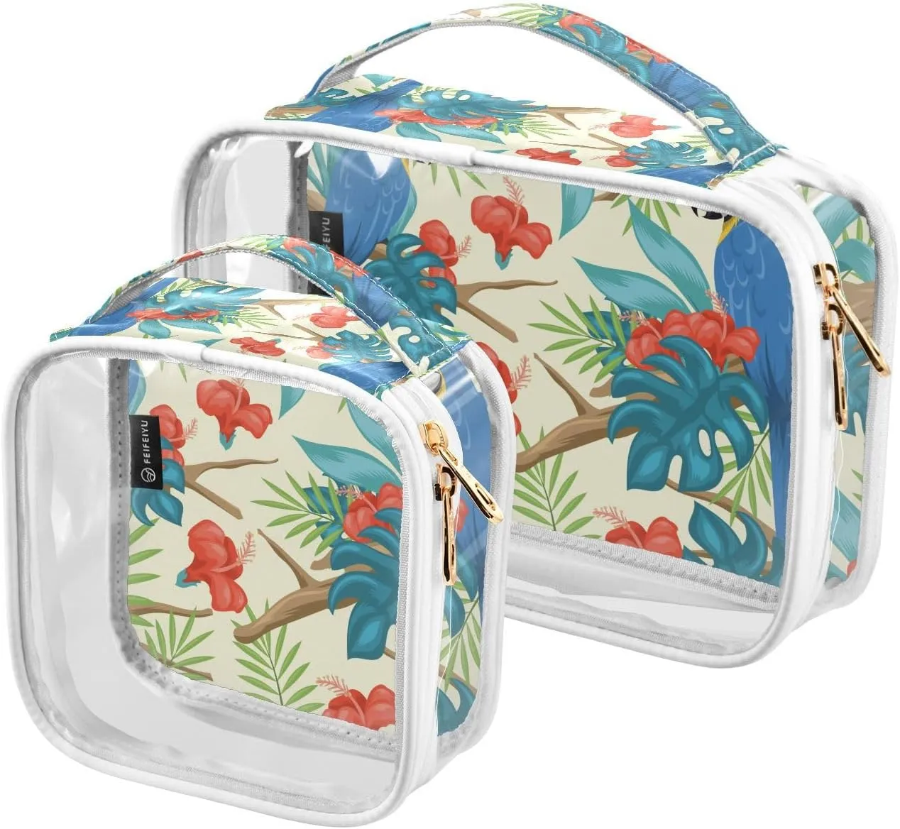 Tropical-leaves Birds Print 2 Pack Clear Toiletry Bag Women Men, Portable Waterproof Clear Pouch, Cosmetic Bag with Double Zippers Large Opening Traveling with Handle for Bathroom Traveling Vacation O