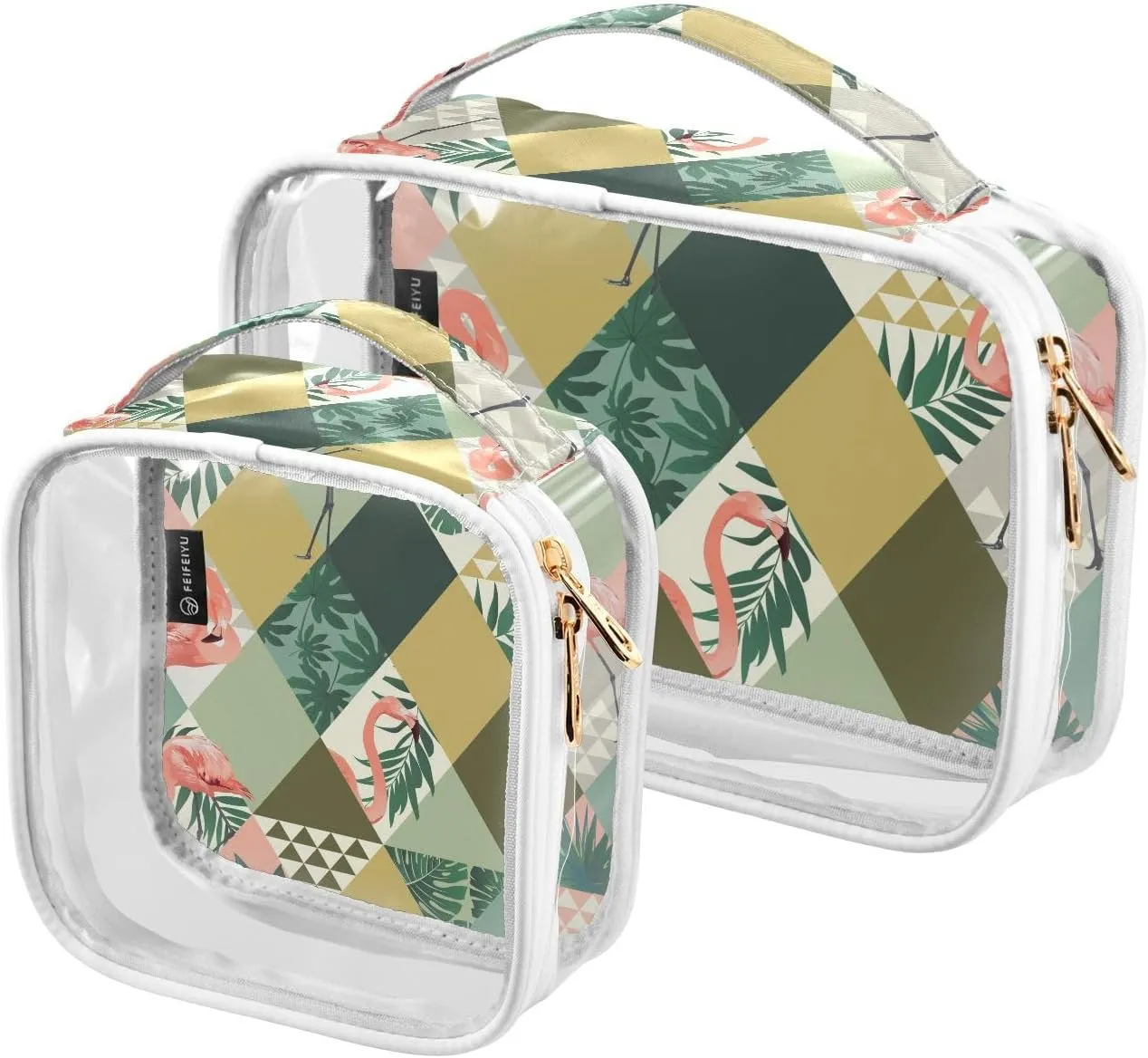 Tropical-leaves-flamingos Print 2 Pack Clear Toiletry Bag Women Men, Portable Waterproof Clear Pouch, Cosmetic Bag with Double Zippers Large Opening Traveling with Handle for Bathroom Traveling Vacati
