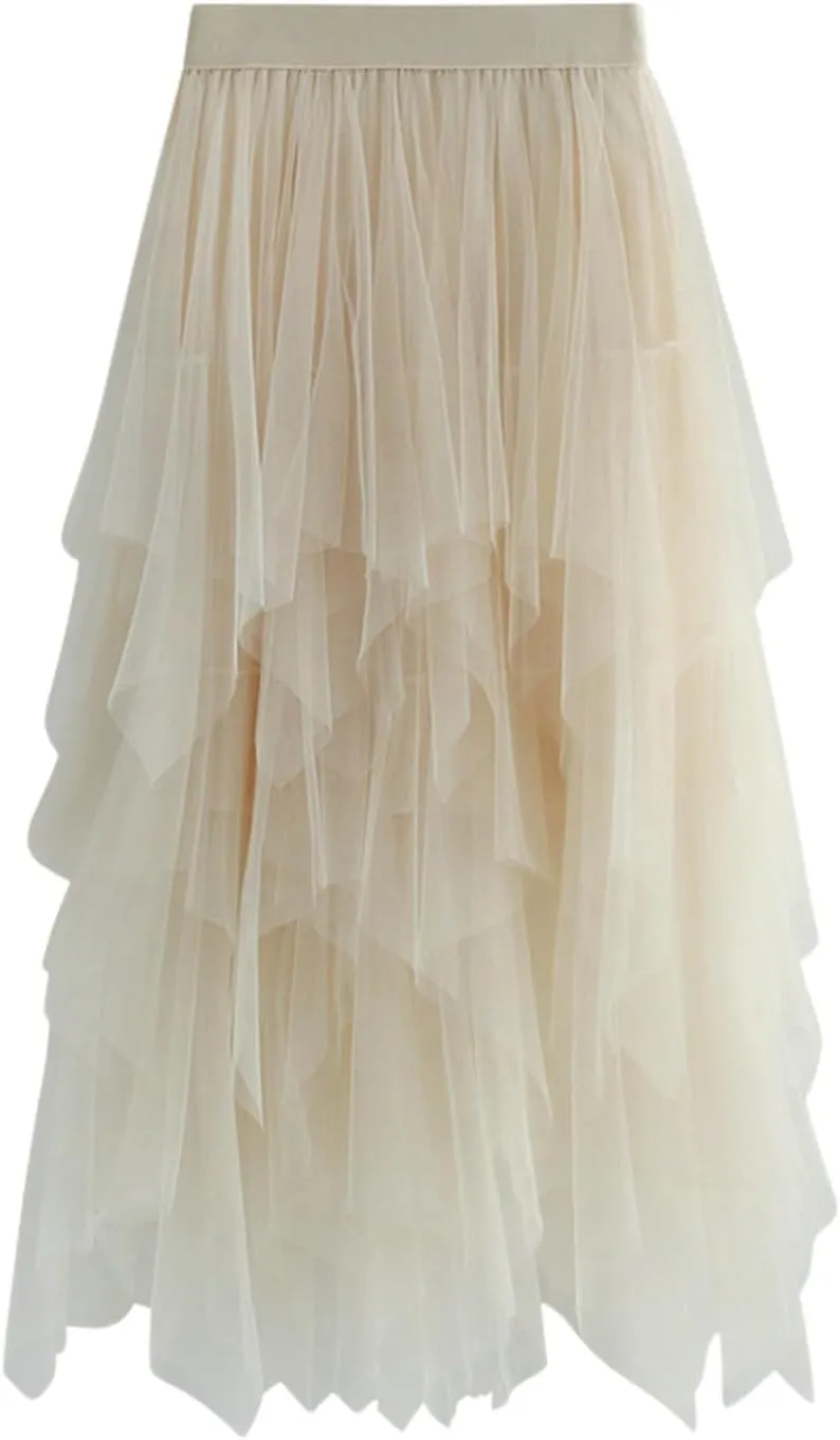 Tulle Skirts for Women A-Line High Low Asymmetrical Layered Midi Skirt Ladies Elastic Waist Irregular Mesh Tutu Skirt