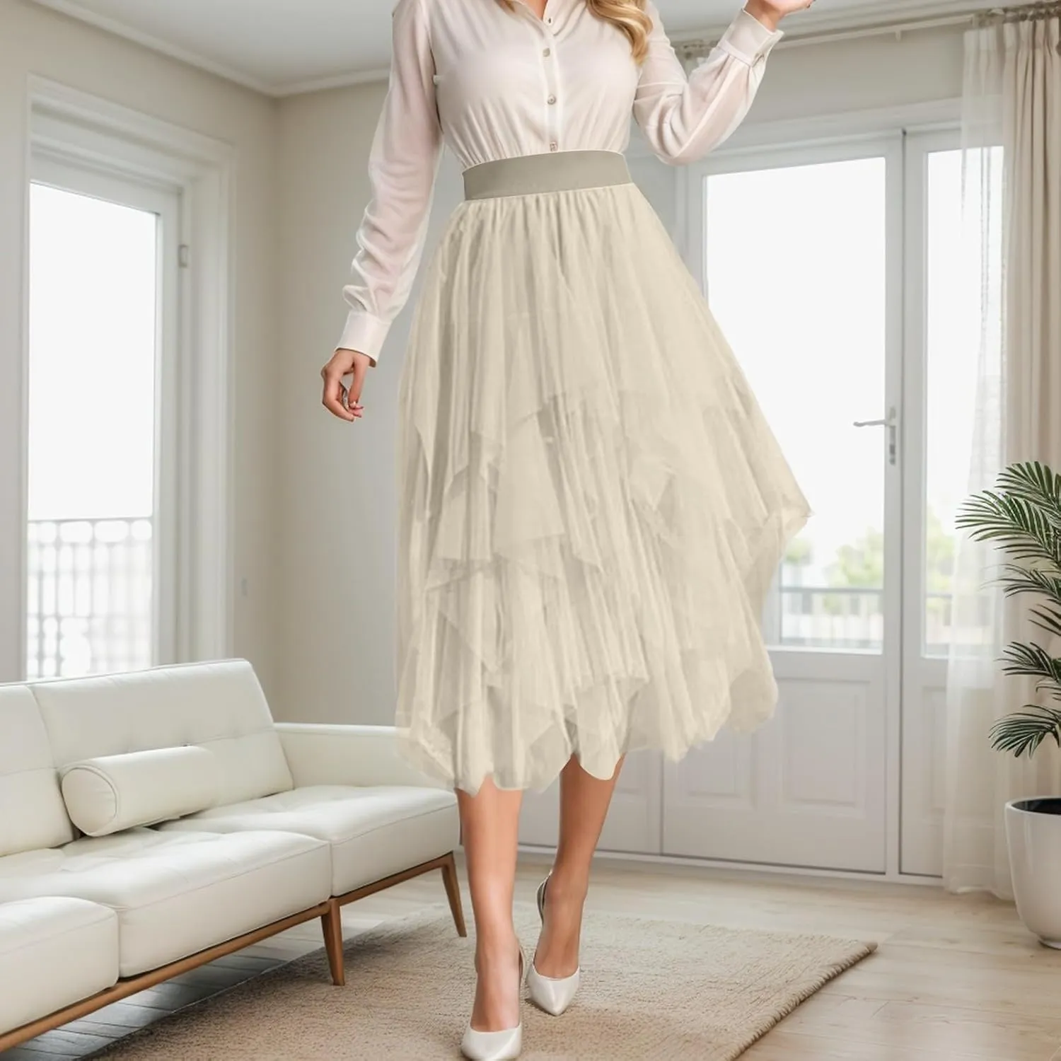 Tulle Skirts for Women A-Line High Low Asymmetrical Layered Midi Skirt Ladies Elastic Waist Irregular Mesh Tutu Skirt