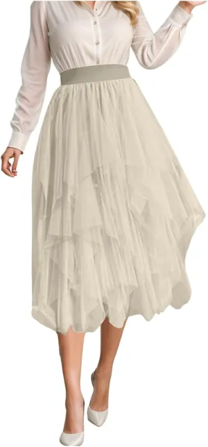 Tulle Skirts for Women A-Line High Low Asymmetrical Layered Midi Skirt Ladies Elastic Waist Irregular Mesh Tutu Skirt