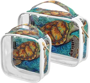 Turtle-blue-background 2 Pack Clear Toiletry Bag Women Men, Portable Waterproof Clear Pouch, Cosmetic Bag with Double Zippers Large Opening Traveling with Handle for Bathroom Traveling Vacation Organi