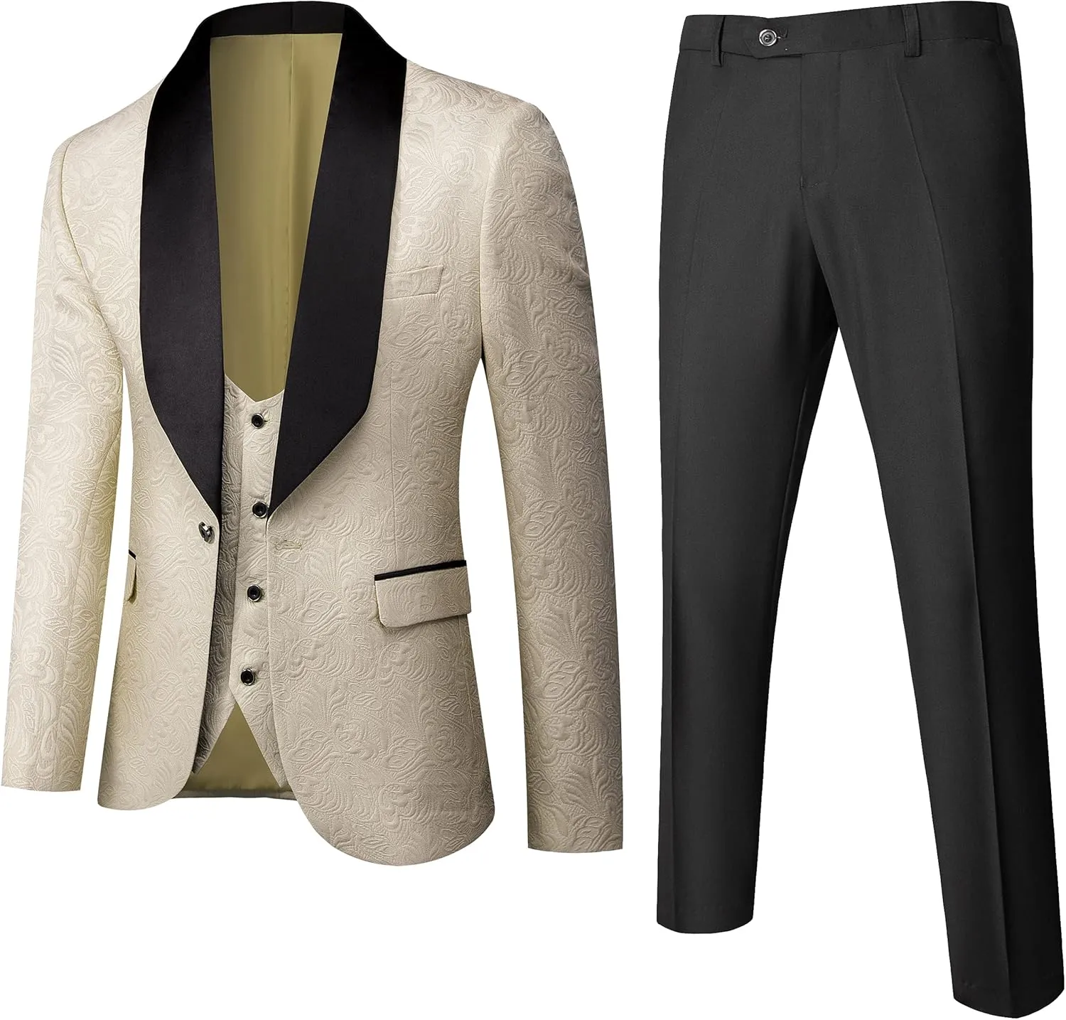 UNINUKOO Mens Floral Suits 3 Piece Tuxedo Suit Slim Fit Jacquard Tux Suit Set Shawl Lapel for Wedding Prom Suit
