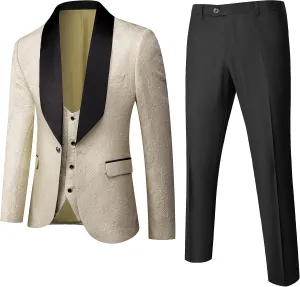 UNINUKOO Mens Floral Suits 3 Piece Tuxedo Suit Slim Fit Jacquard Tux Suit Set Shawl Lapel for Wedding Prom Suit