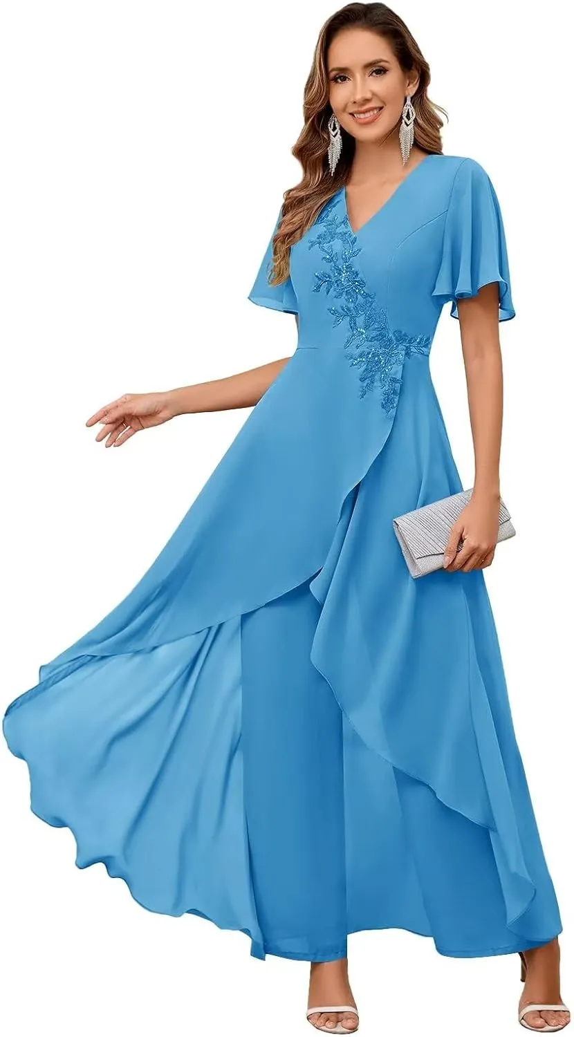 VCCICANY 2 Pieces Chiffon Mother of The Bride Pant Suits for Wedding Beaded Formal Pant Suit for Women with Sleeves