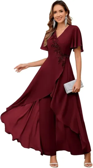 VCCICANY 2 Pieces Chiffon Mother of The Bride Pant Suits for Wedding Beaded Formal Pant Suit for Women with Sleeves