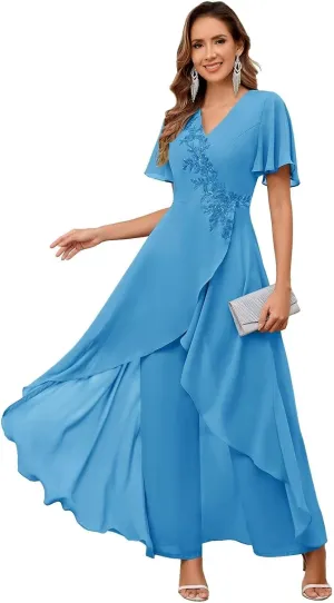VCCICANY 2 Pieces Chiffon Mother of The Bride Pant Suits for Wedding Beaded Formal Pant Suit for Women with Sleeves