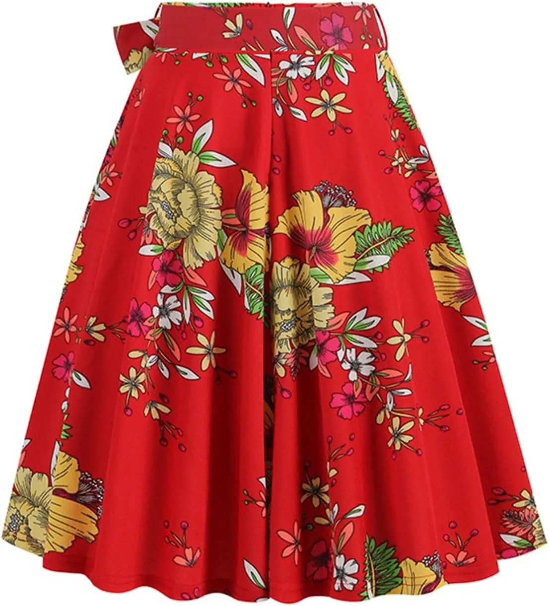 Vintage Floral Skirts for Women High Waist A Line Midi Skirt Pleated Flare Lace Up Mini Skirts Ladies Half Dress
