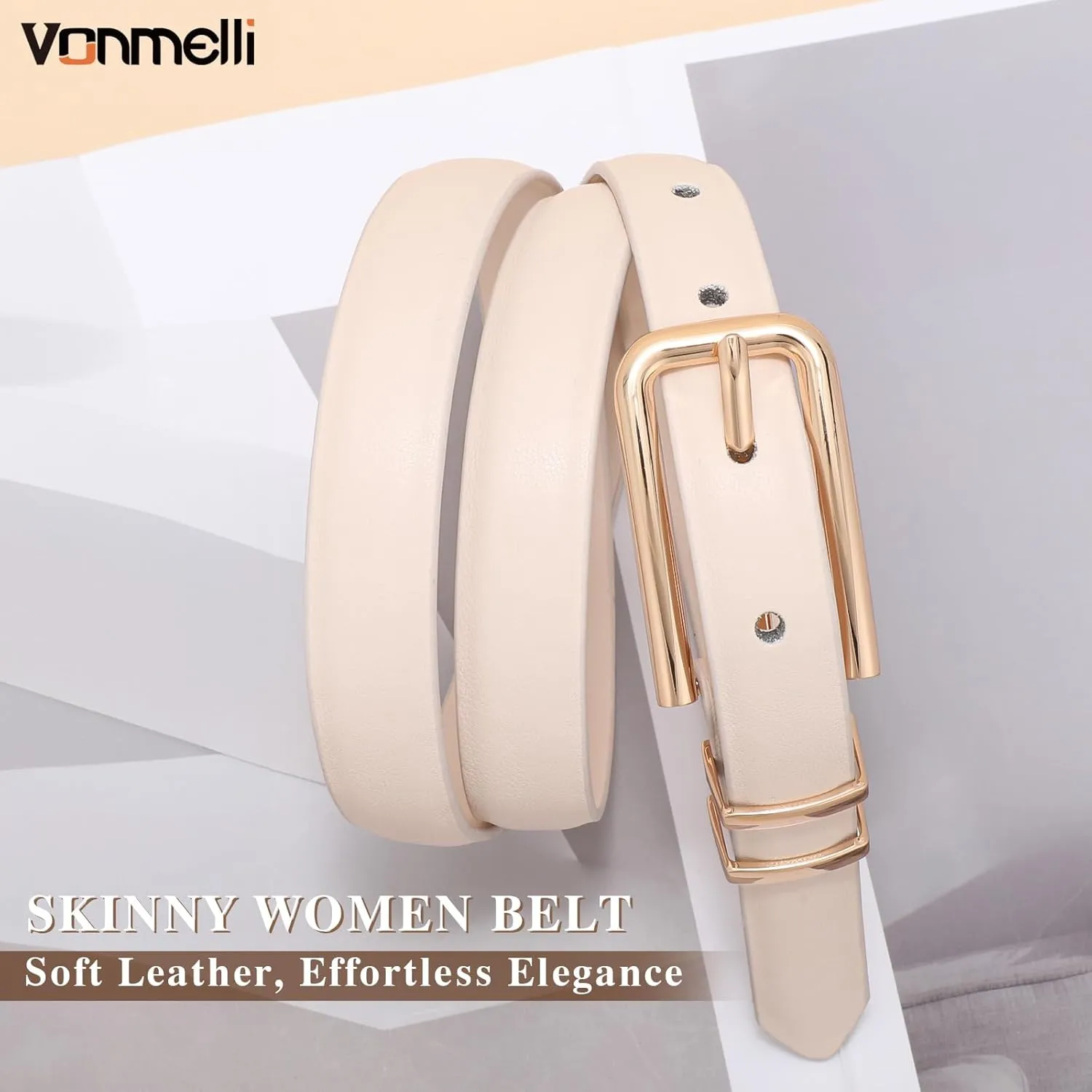 VONMELLI Women Skinny Leather Belt Thin Waist Belt for Women Jeans Dress Fashion Ladies Belt with Gold Buckle
