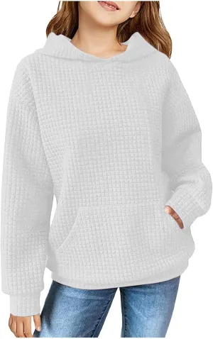 Waffle Knit Hoodies For Girls Cute Long Sleeve Hooded Pullovers Oversized Sweaters With Pocket Preppy Cloth 4-11 Years