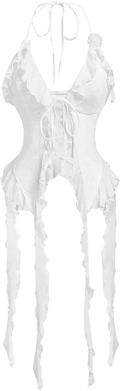 WDIRARA Women's 3D Flower Tie Front Ruffle Trim Halter Top Tie Backless Camisole