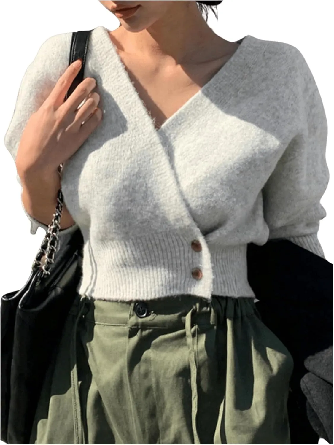 WDIRARA Women's Wrap V Neck Sweater Button Front Long Sleeve Crop Knitted Top