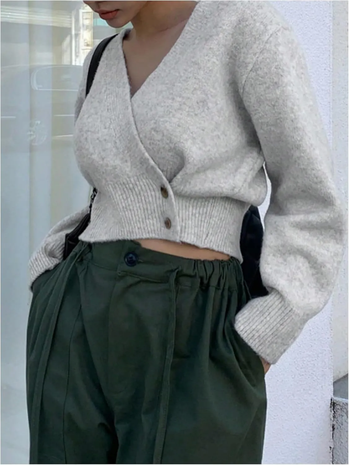 WDIRARA Women's Wrap V Neck Sweater Button Front Long Sleeve Crop Knitted Top