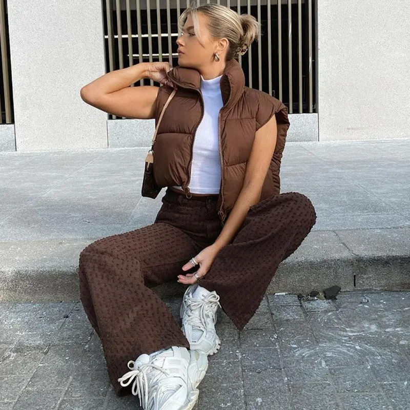 Wenkouban Winter Outfits Autumn Stand Collar Cotton Vests Women Elegant Solid Simple Zipper Coats Women Casual High Waisted Vests Ladies 241127