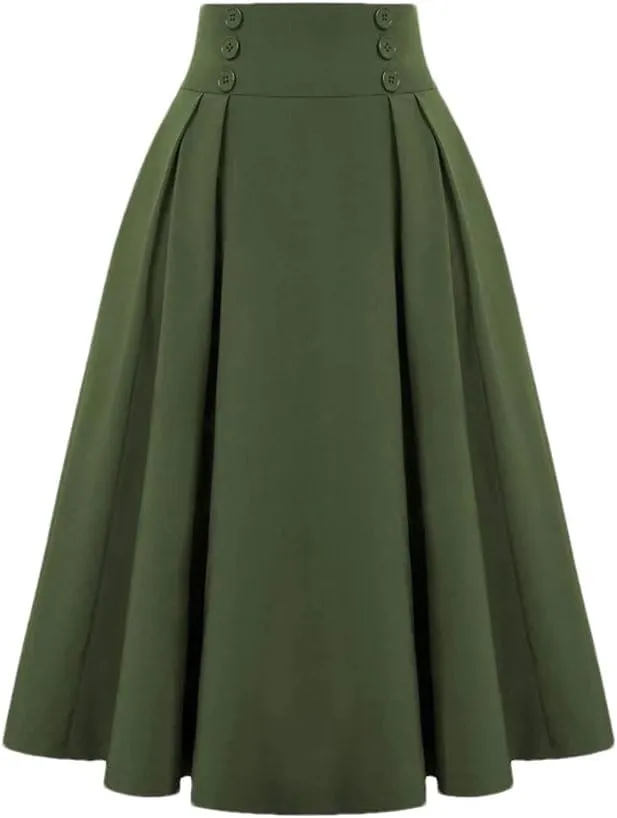 Women A-Line Vintage Casual Skirt High Waist with Pockets Pleated Skirts