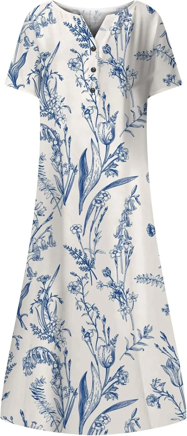 Women Boho Summer Dress 2024 Casual Short Sleeve Button V Neck Baggy Flowy A-Line Maxi Dresses