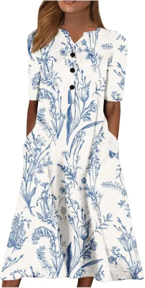 Women Boho Summer Dress 2024 Casual Short Sleeve Button V Neck Baggy Flowy A-Line Maxi Dresses