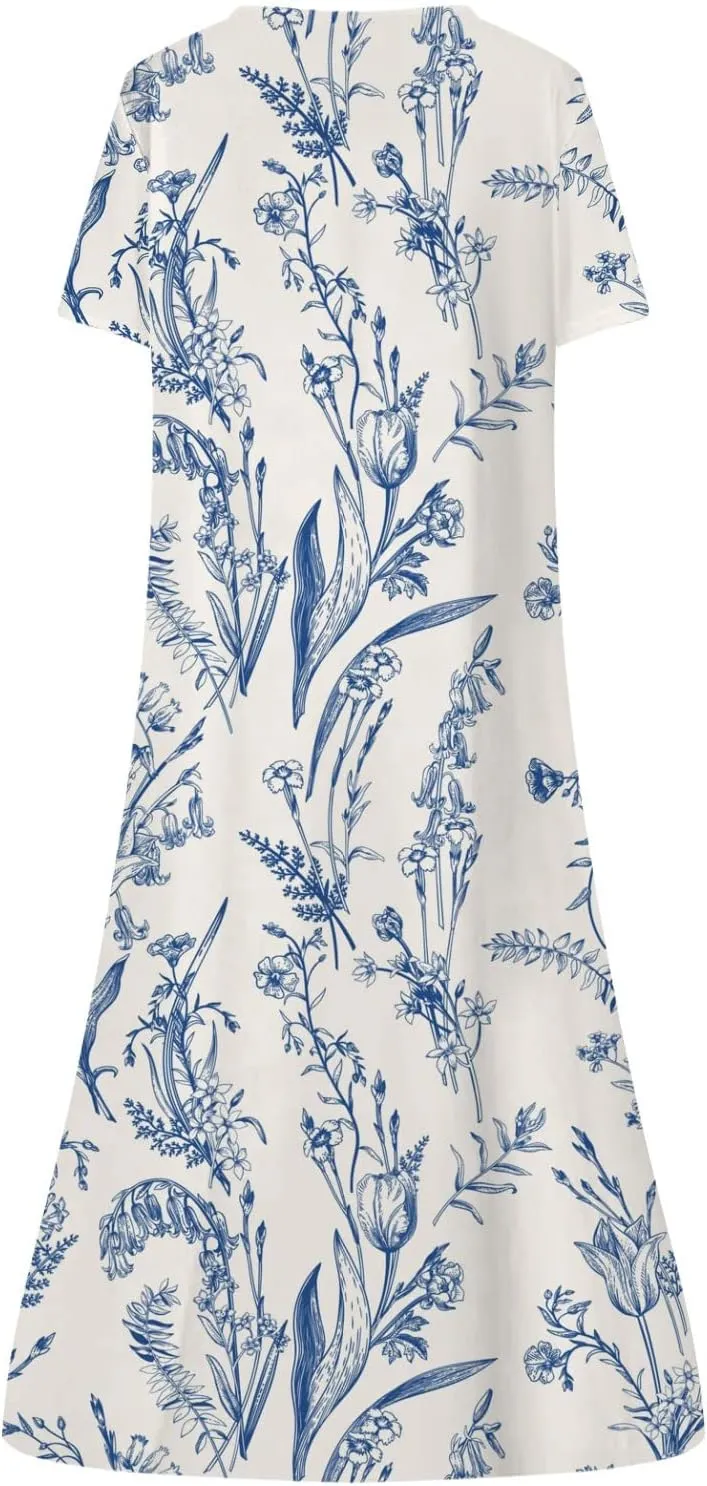 Women Boho Summer Dress 2024 Casual Short Sleeve Button V Neck Baggy Flowy A-Line Maxi Dresses