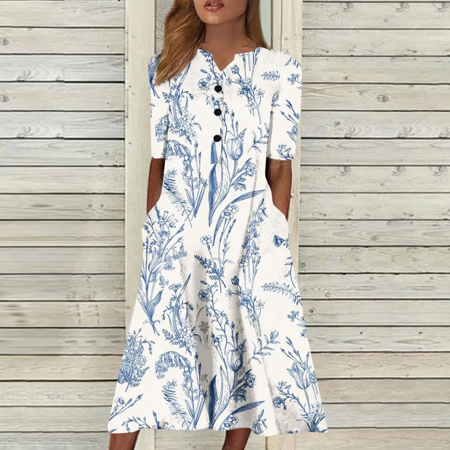 Women Boho Summer Dress 2024 Casual Short Sleeve Button V Neck Baggy Flowy A-Line Maxi Dresses