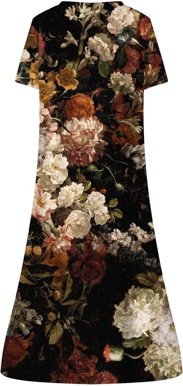 Women Casual Summer Stripe Button V Neck Sleeveless Pocket Holiday Dress Floral Sundress Midi Dress