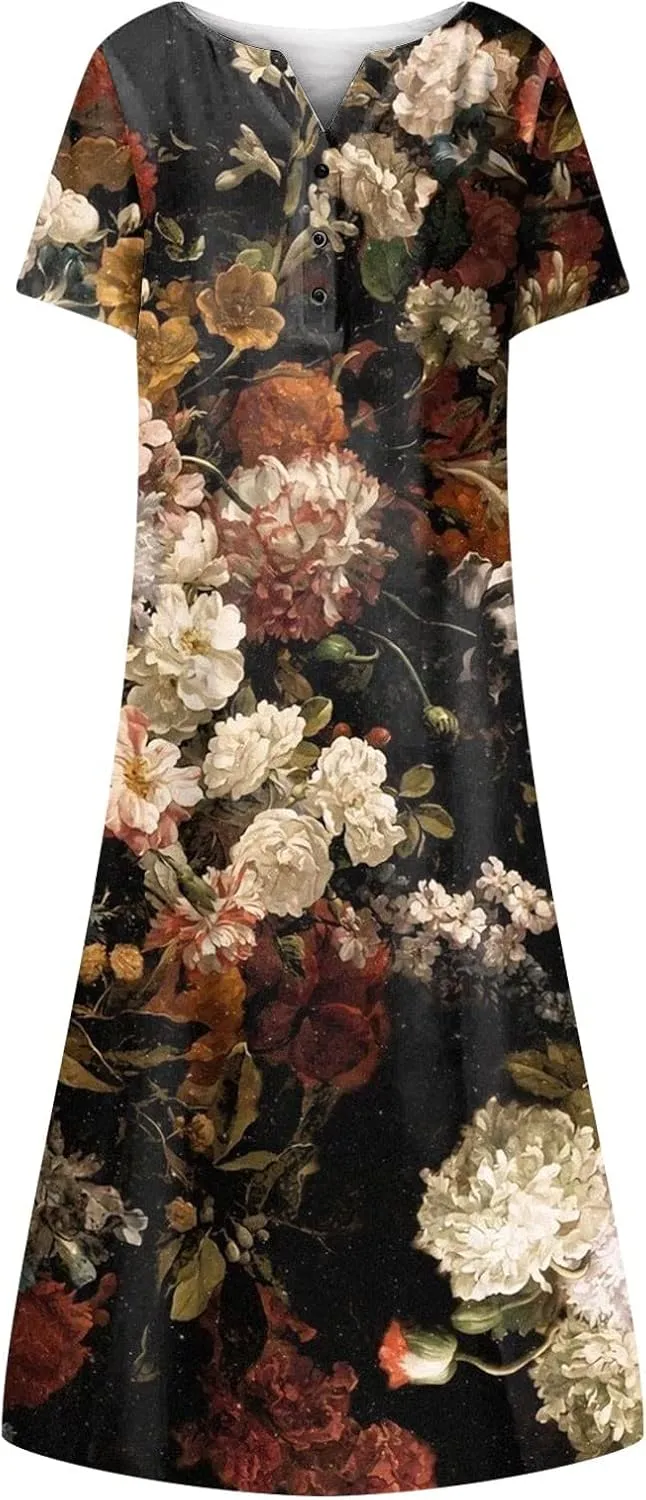 Women Casual Summer Stripe Button V Neck Sleeveless Pocket Holiday Dress Floral Sundress Midi Dress