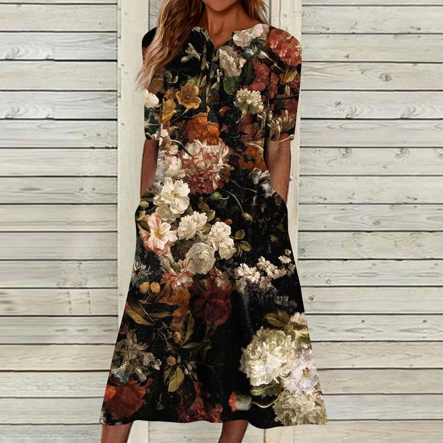Women Casual Summer Stripe Button V Neck Sleeveless Pocket Holiday Dress Floral Sundress Midi Dress