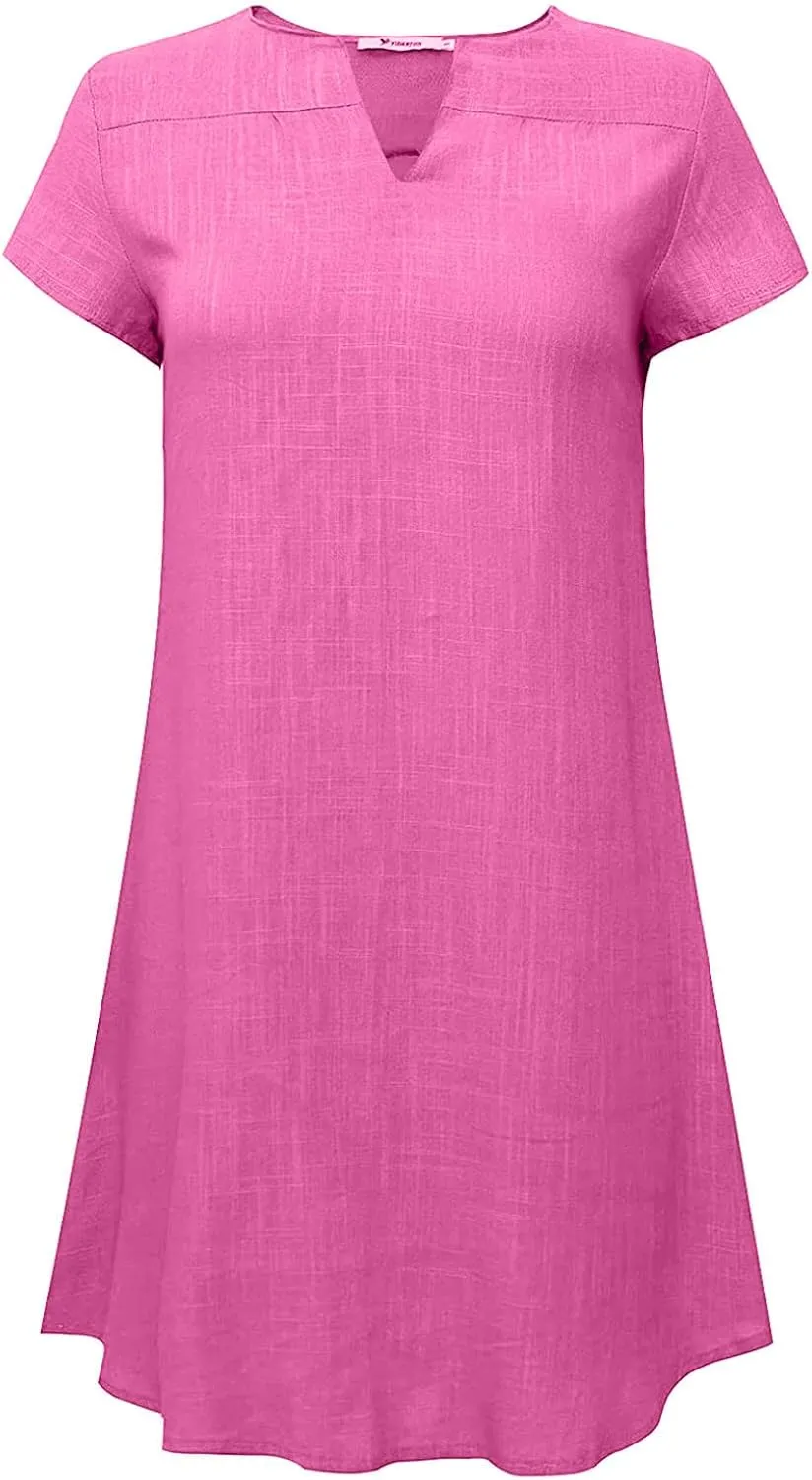 Women Cotton Linen Boho Dress Causal Summer Gauze Dresses Short Sleeve T Shirt Dress Trendy Dressy Ladies Clothing