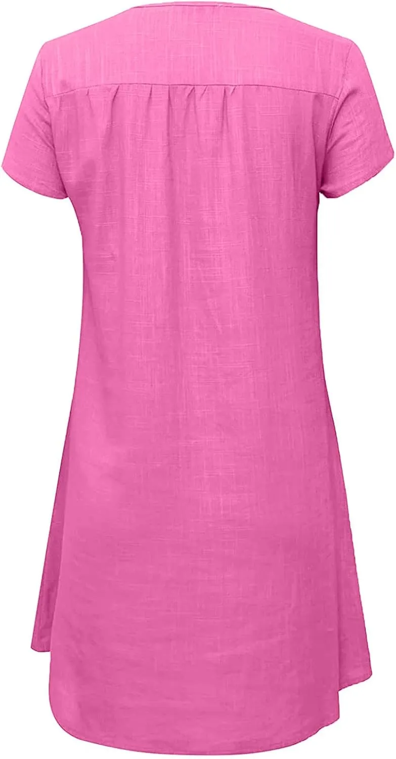 Women Cotton Linen Boho Dress Causal Summer Gauze Dresses Short Sleeve T Shirt Dress Trendy Dressy Ladies Clothing