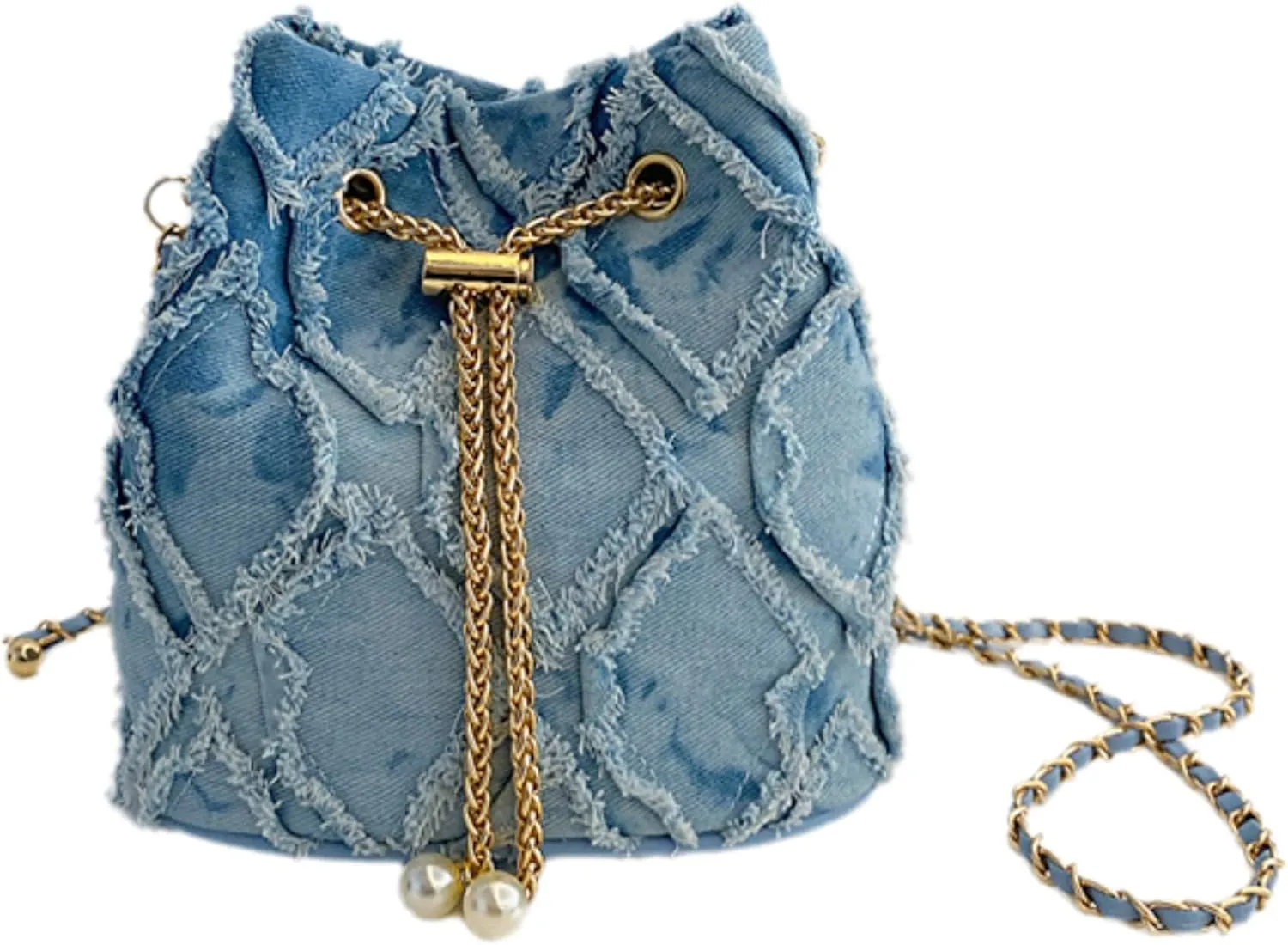 Women Denim Bucket Bag Jean Purses Trendy Mini Barrel Shape Crossbody Purse Distressed Tassel Hobo Bag Drawstring Handbag