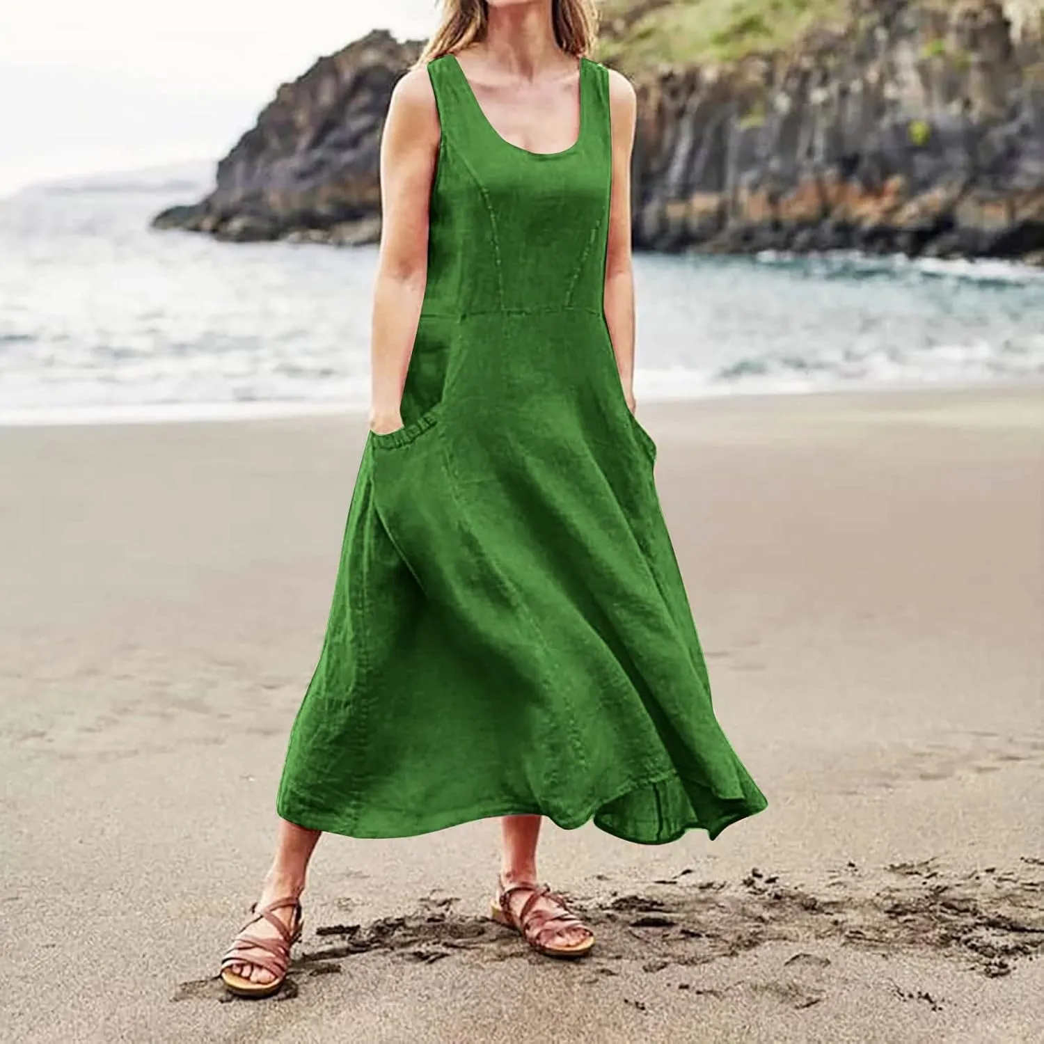 Women Dresses Linen Dress Summer Beach Dress Sleeveless Boho Maxi Long Dresses Casual with Pockects