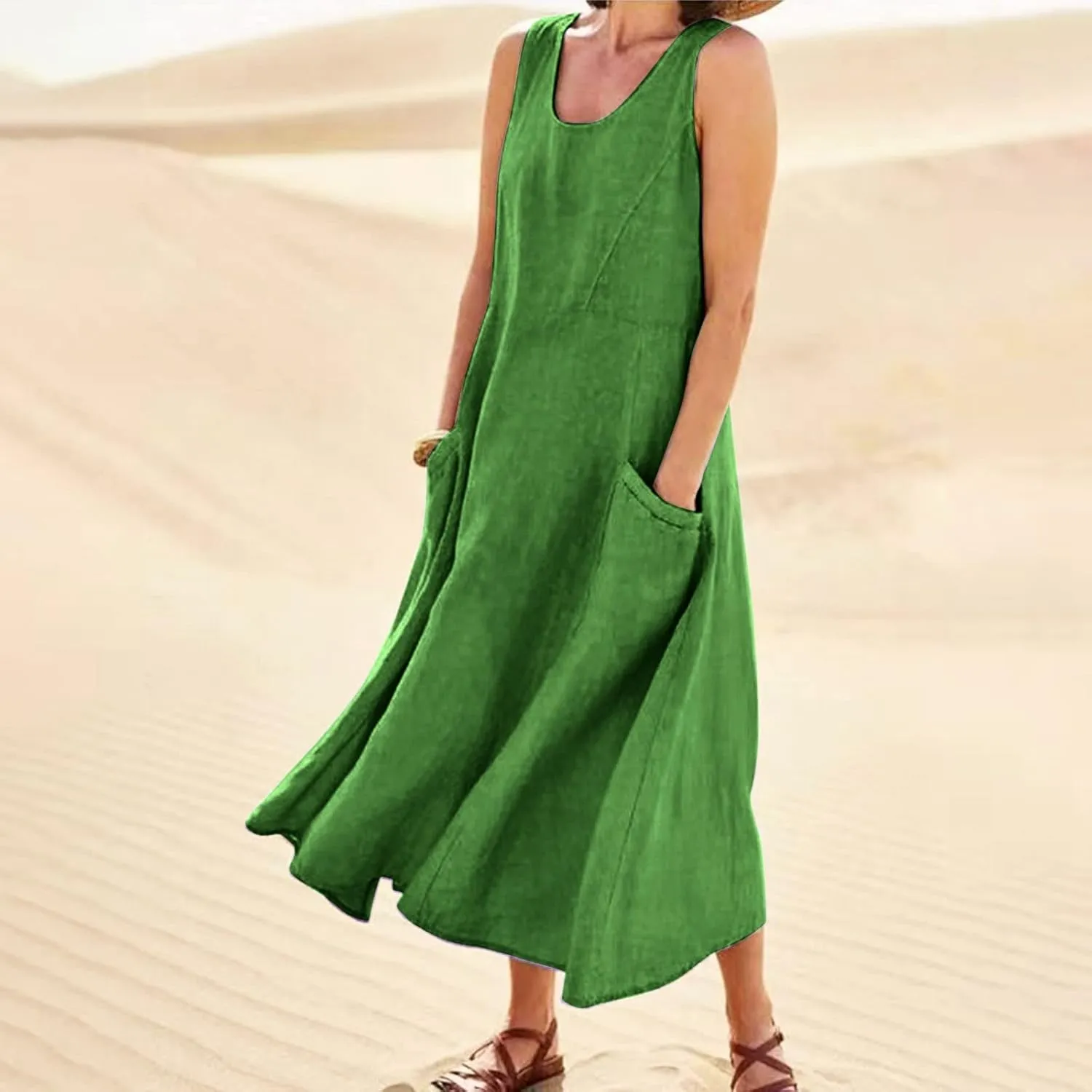 Women Dresses Linen Dress Summer Beach Dress Sleeveless Boho Maxi Long Dresses Casual with Pockects