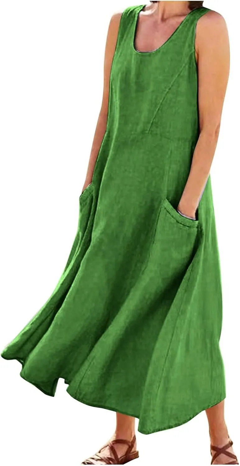 Women Dresses Linen Dress Summer Beach Dress Sleeveless Boho Maxi Long Dresses Casual with Pockects