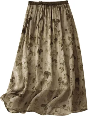 Women Flowy Bohemian Beach Skirts Casual Loose Pleated Boho Skirt Elastic Waist Mid Calf Length Holiday Skirts