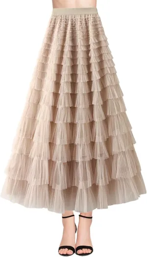 Women Mesh Tutu Maxi Skirts Sequin Glitter Layered Elastic High Waist A-Line Swing Skirts Y2k Party Streetwear