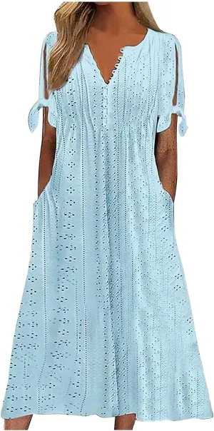 Women Plus Size Eyelet Dress Summer Vintage Short Sleeve V Neck Button Dresses Casual Loose Flowy Dress with Pockets