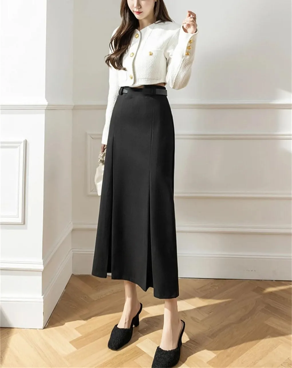 Women Retro High Waist Long Skirts. Solid Pleated Skirt. Womens High Waist Pleated Long Skirt.