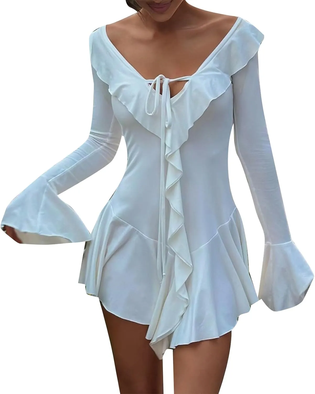 Women Sexy V Neck Dresses Tie Front Ruffle Mini Beach Dress Long Sleeve Casual Slim Fit Solid Color Ruched Bodycon Dress 2025