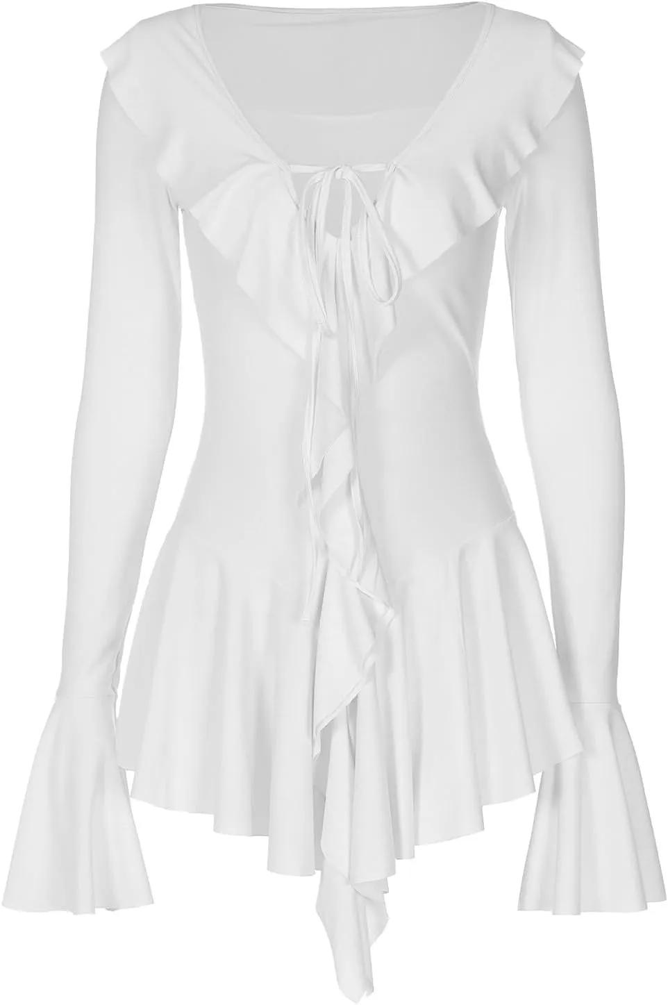 Women Sexy V Neck Dresses Tie Front Ruffle Mini Beach Dress Long Sleeve Casual Slim Fit Solid Color Ruched Bodycon Dress 2025