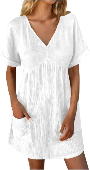 Women Summer Casual T Shirt Dress Short Sleeve V Neck Sundress 2025 Textured Solid Mini Beach Dresses with Pockets