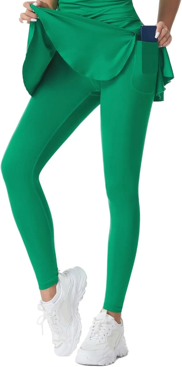 Women Tennis Skirted Leggings with Pockets Athletic Pleated Skirts with Leggings Workout Active Skort Yoga Pants