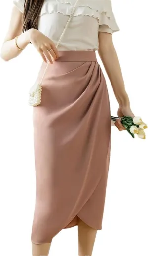 Women Vintage Irregular Pleated Skirts Office High Waist Line Mid Length Skirts